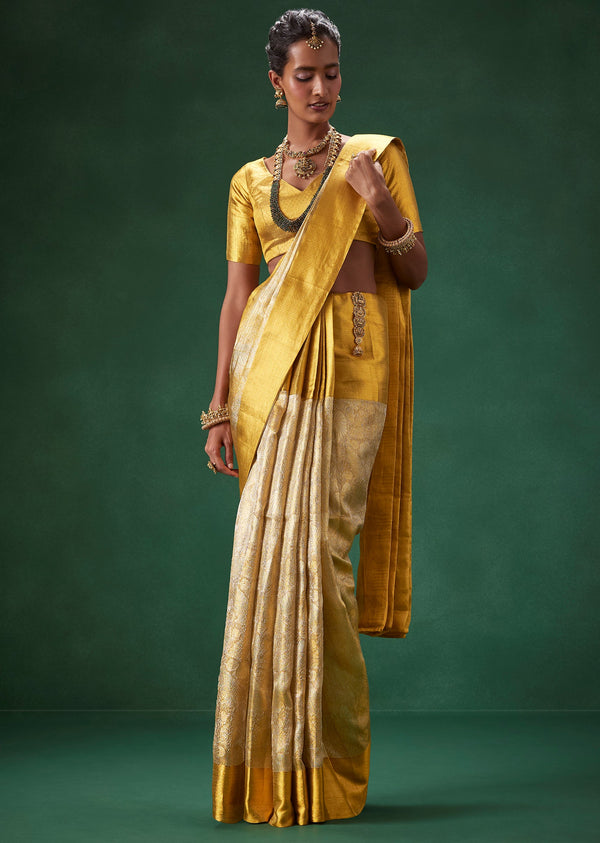 Gold Bridal Kanjivaram Floral Motif Saree with Unstitched Blouse