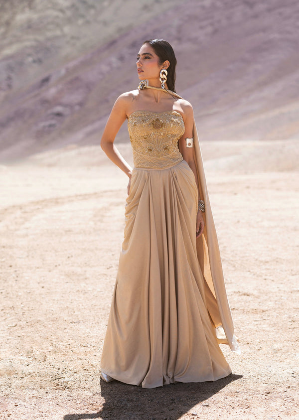 Gold Corset Drape Skirt Set With Crystal Embellishment