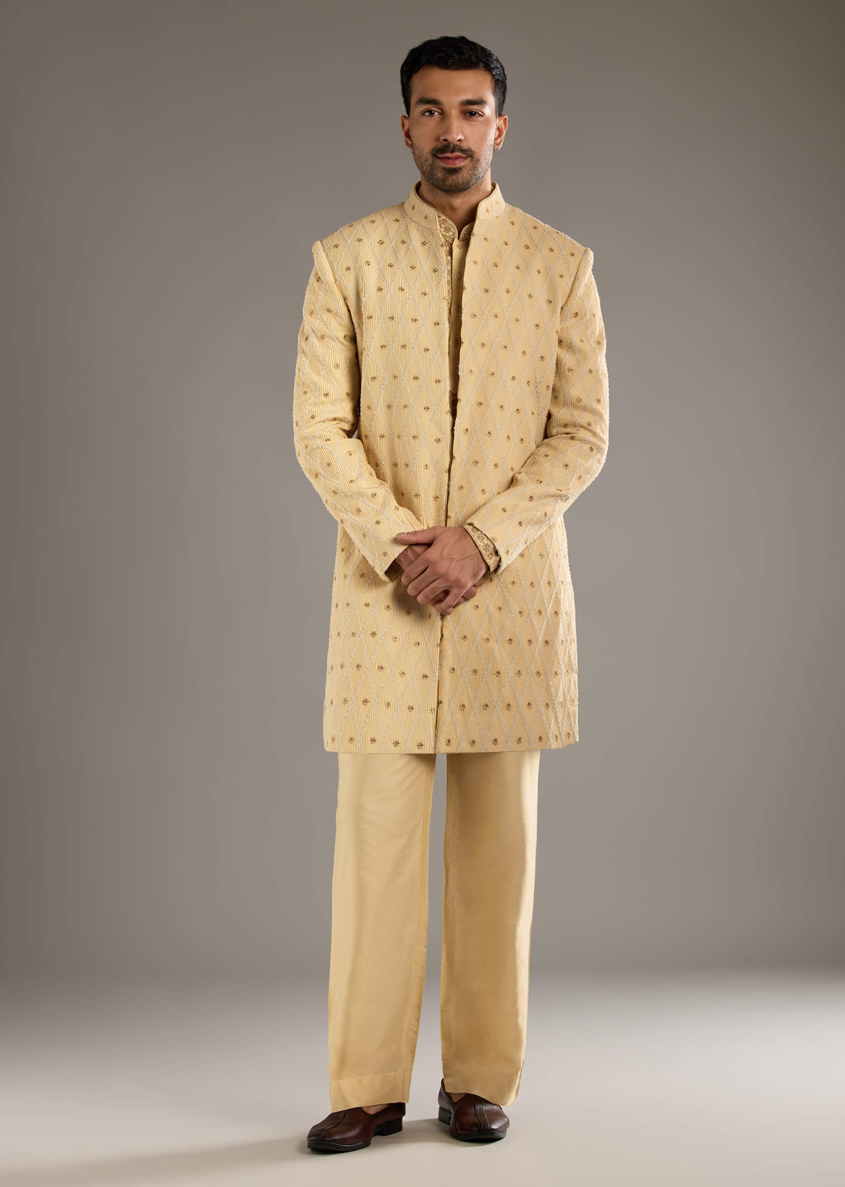 Gold Cotton Silk Indo Western Set For Men With Zari Embroidery