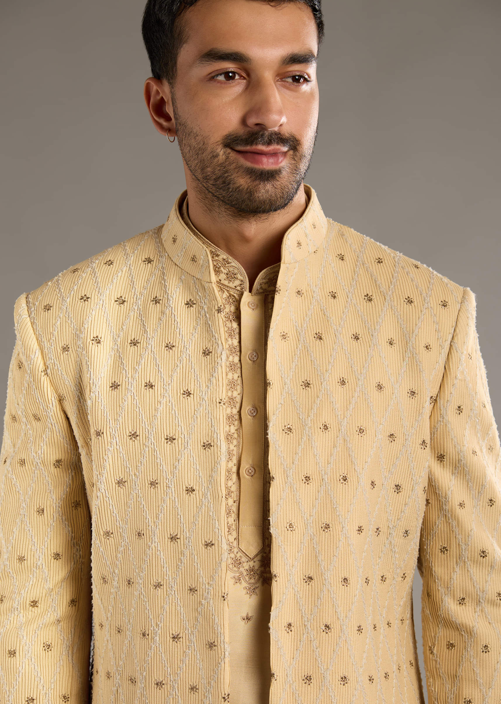 Gold Cotton Silk Indo Western Set For Men With Zari Embroidery