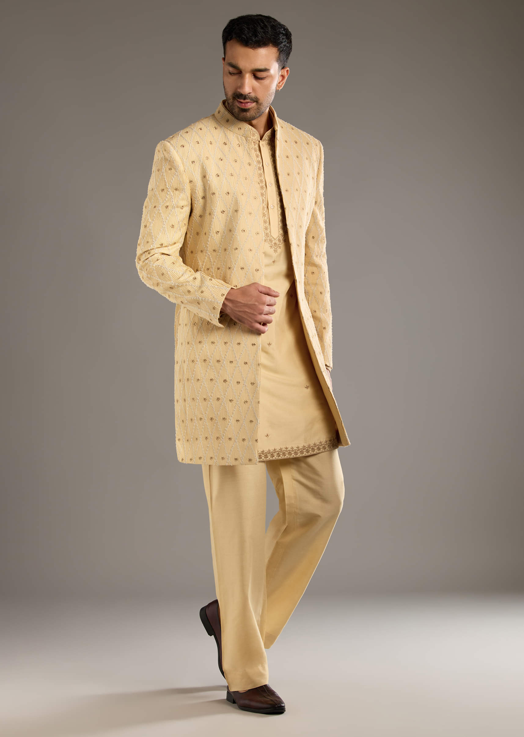 Gold Cotton Silk Indo Western Set For Men With Zari Embroidery