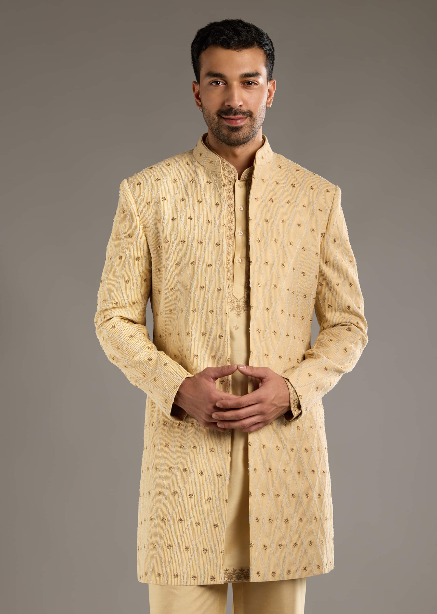 Gold Cotton Silk Indo Western Set For Men With Zari Embroidery