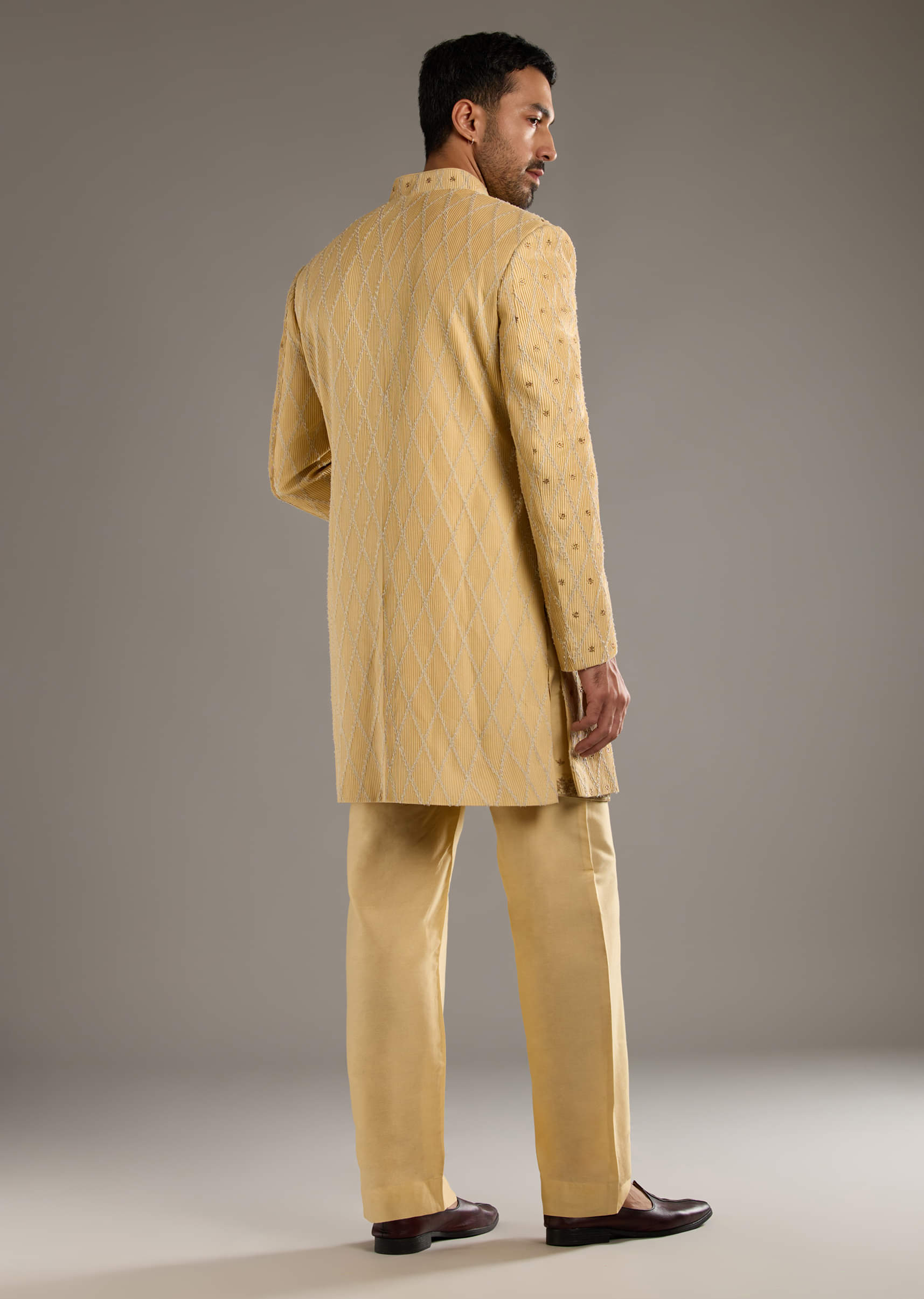Gold Cotton Silk Indo Western Set For Men With Zari Embroidery