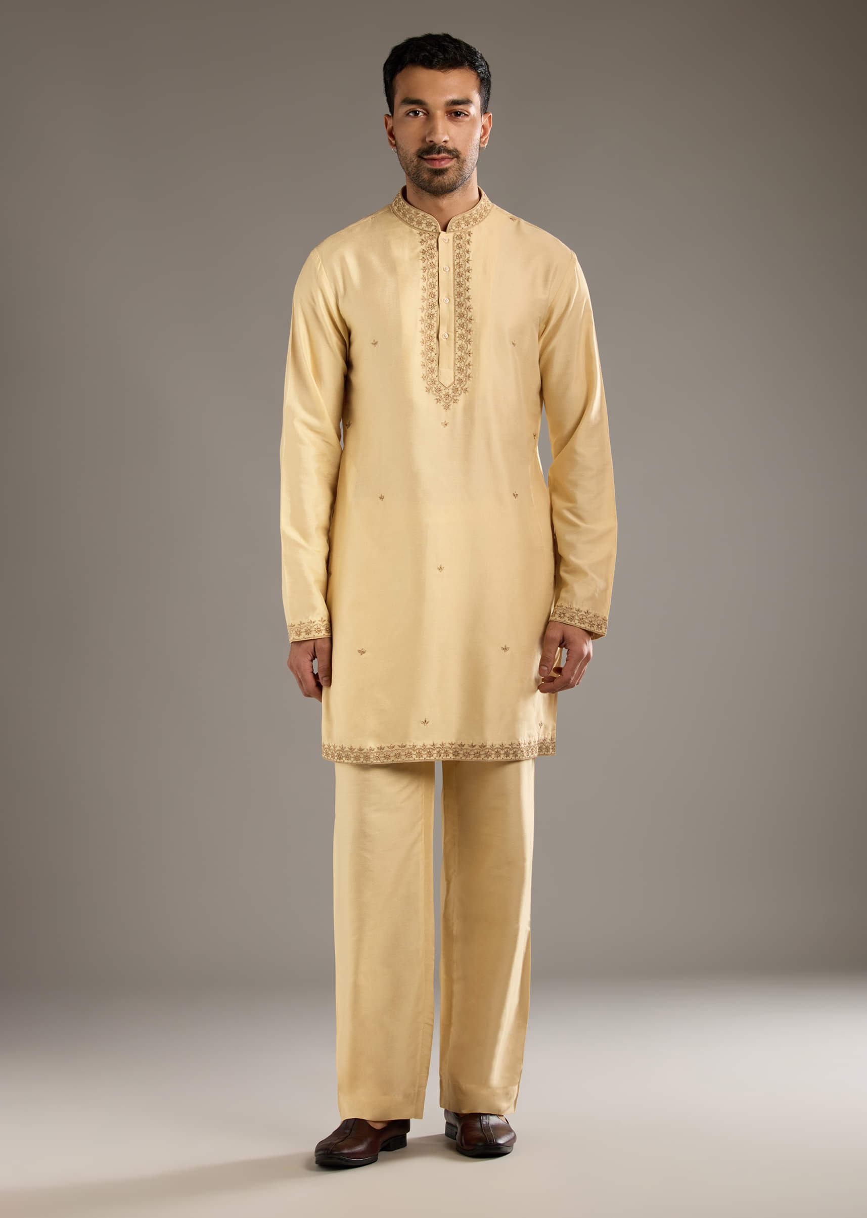 Gold Cotton Silk Indo Western Set For Men With Zari Embroidery