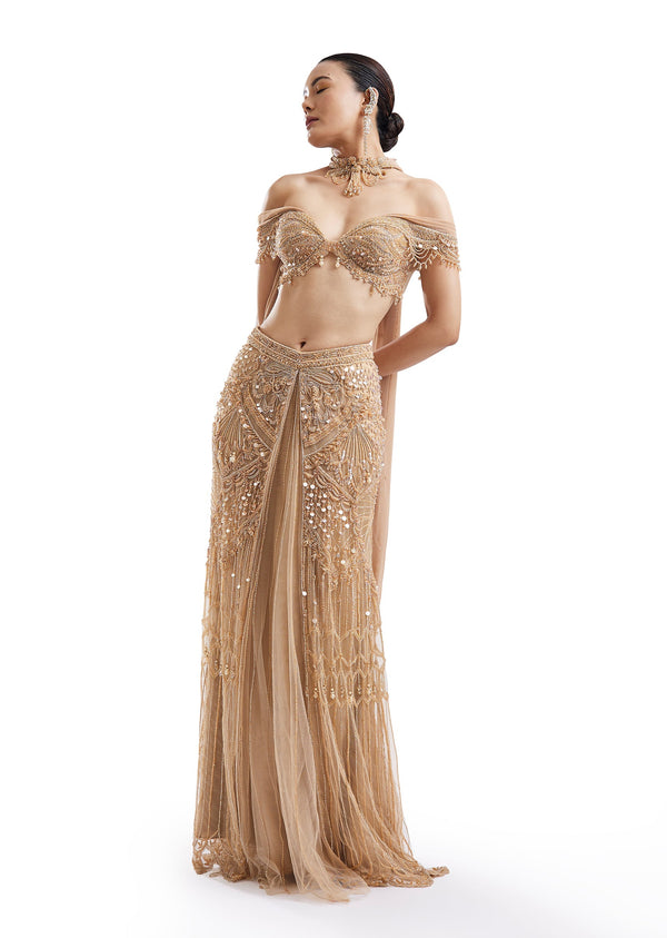 Gold Drape Skirt Set With Off-Shoulder Blouse