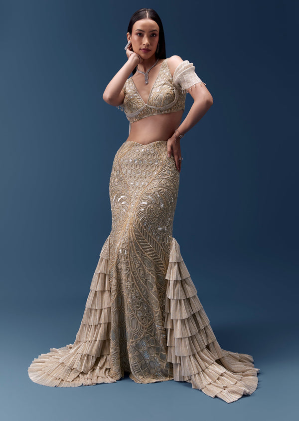 Gold Draped Blouse with Embellished Skirt