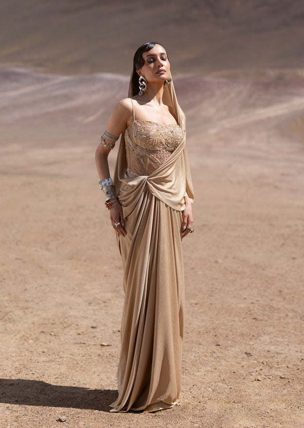 Gold Embroidered Corset Drape Gown With Choker Dupatta