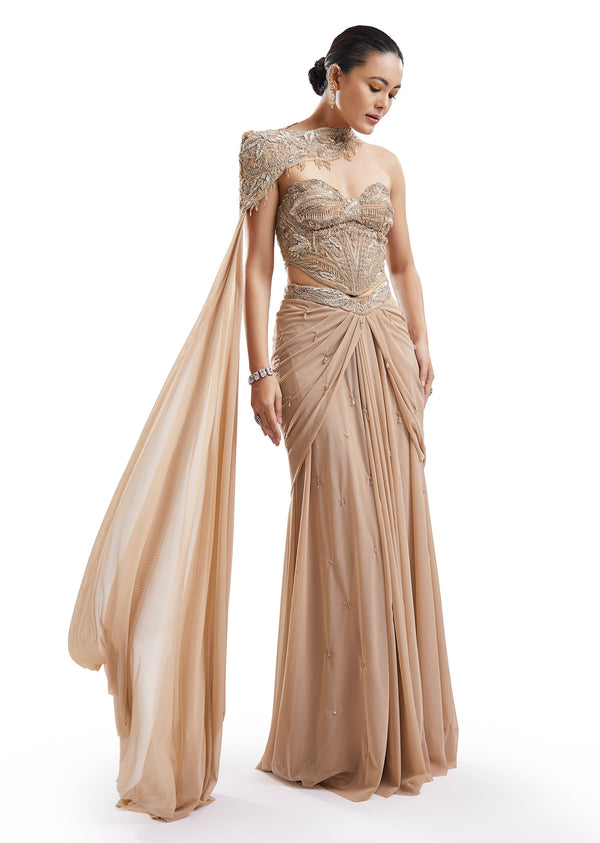 Gold Embroidered Drape Skirt Set With Sweetheart Blouse
