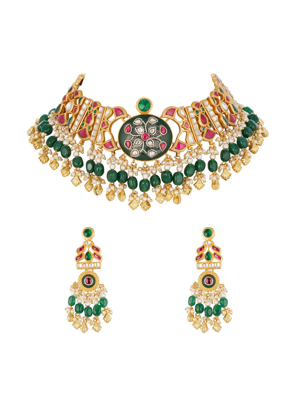 Gold Finish Choker Necklace Set In Mix Metal With Traditional Kundan Style And Red Green And White Simulated Stones And Emerald Style Bead Fringe
