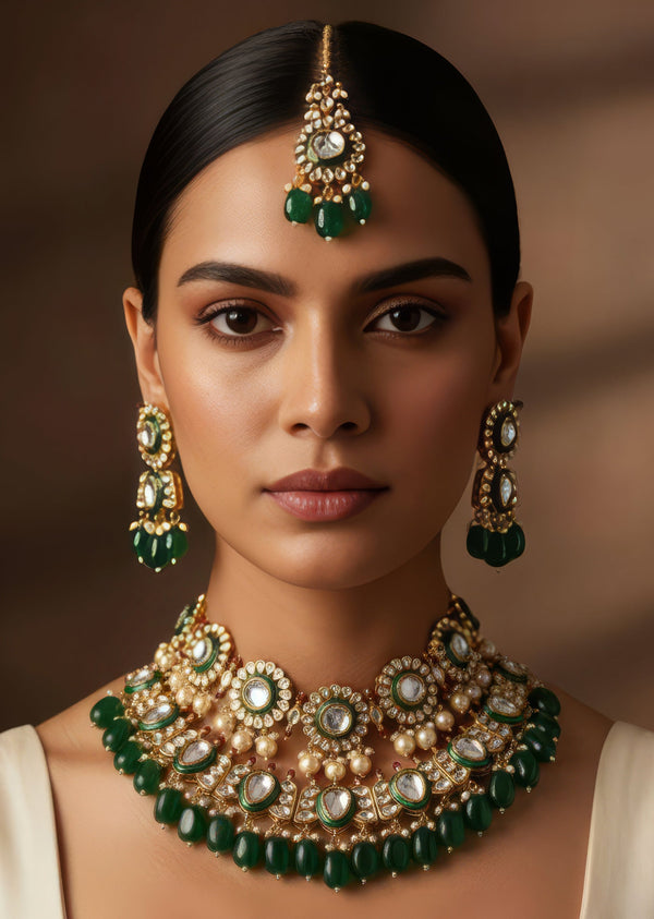Gold Finish Grand Kundan Choker Necklace Set With Green Enamel And Green Beads
