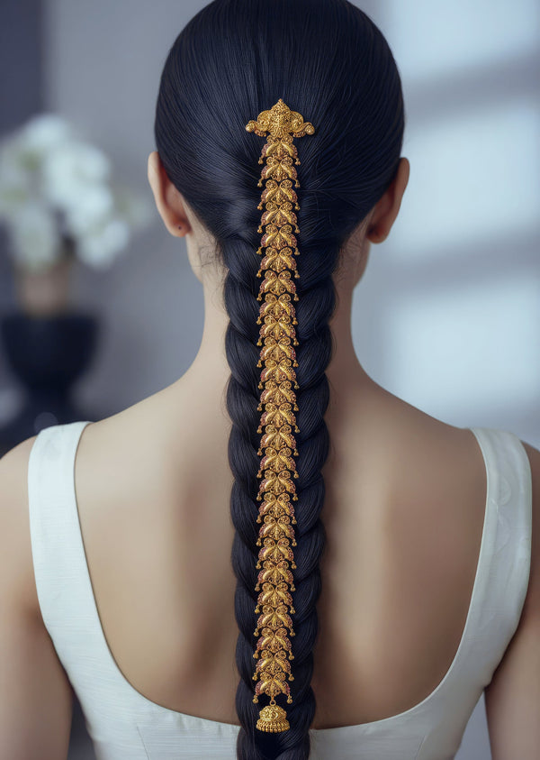 Gold Finish Hair Pin With Temple Style Motifs And Pink and Green Simulated Stones
