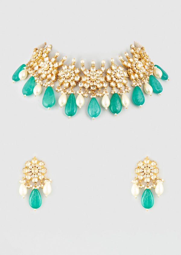 Gold Finish Kundan Polki And Green Beaded Choker Necklace Set