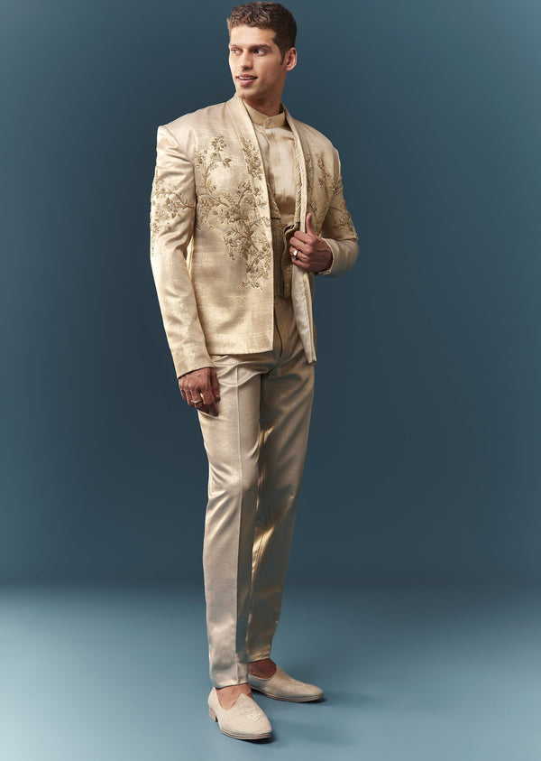 Gold Hand Embroidered Blazer And Waistcoat Set