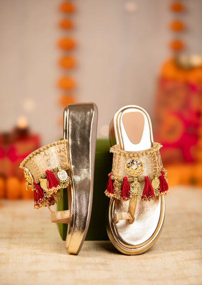 Gold Hand Embroidered Resham Wedges