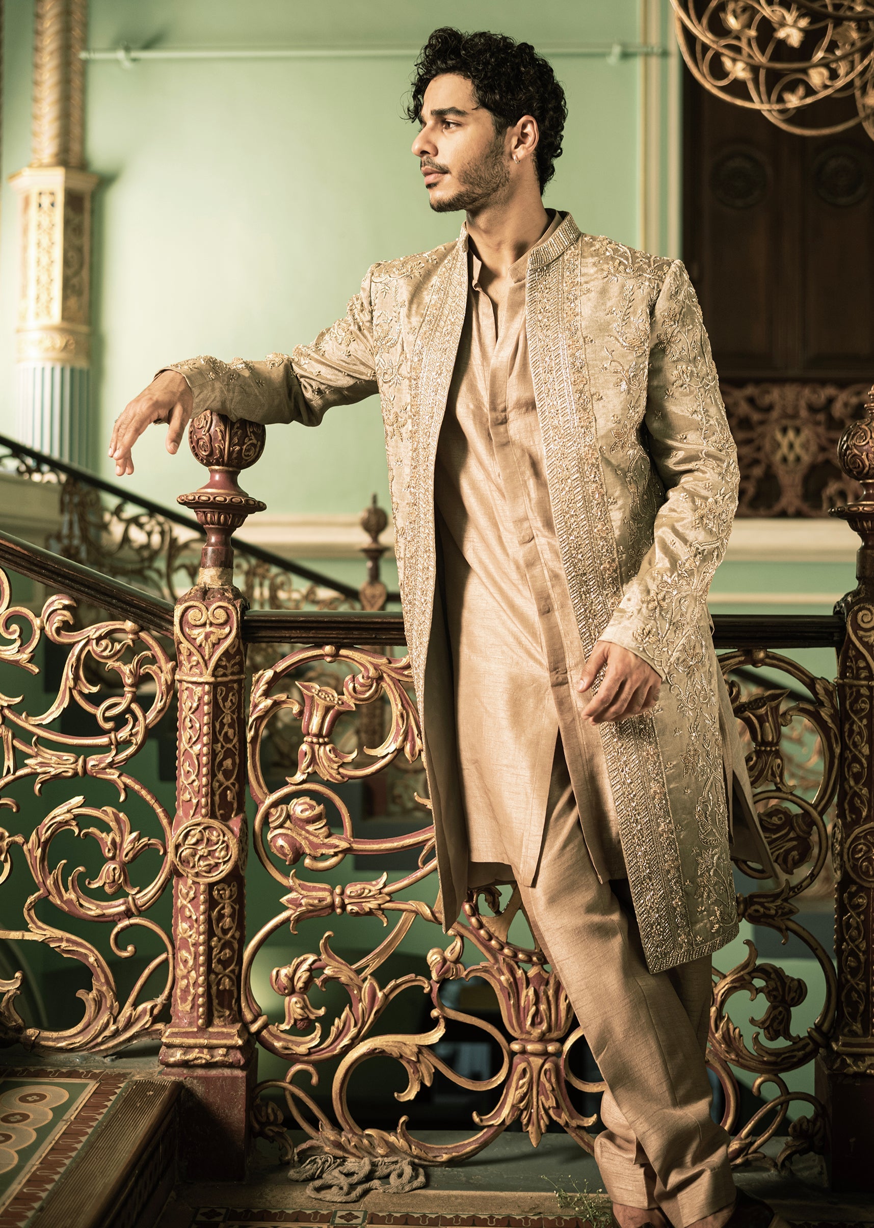 Ishan Khatter In Our Gold Handcrafted Wedding Sherwani With Stole