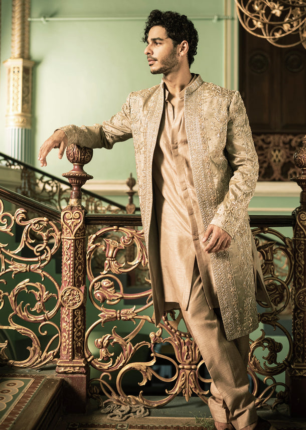 Ishan Khatter In Our Gold Handcrafted Wedding Sherwani With Stole