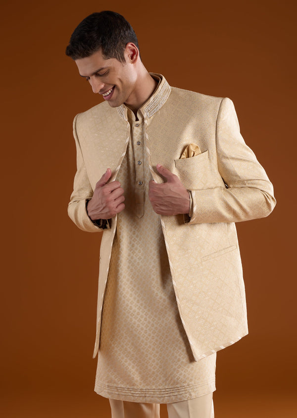Gold Jacquard Mens Kurta Jacket Set With Thread Moti And Cut Dana Work