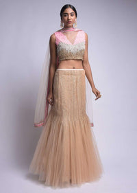 Gold Mermaid Cut Skirt And Crop Top With Pink, Silver And Gold Embroidery In Ombre Pattern