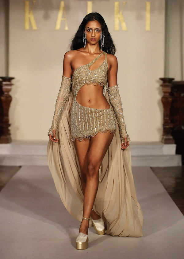 Gold Metallic Hand Embroidered Indo Western Asymmetric Short Gown