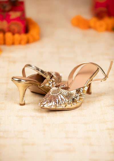 Gold Pearl Embellished Pointed Toe Heels