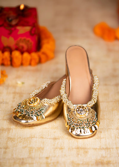 Gold Pearl Hand Embellished Heel Mules