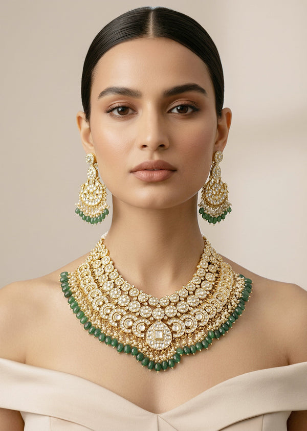Gold Plated Green Intricate Kundan Work Necklace With Earring Set