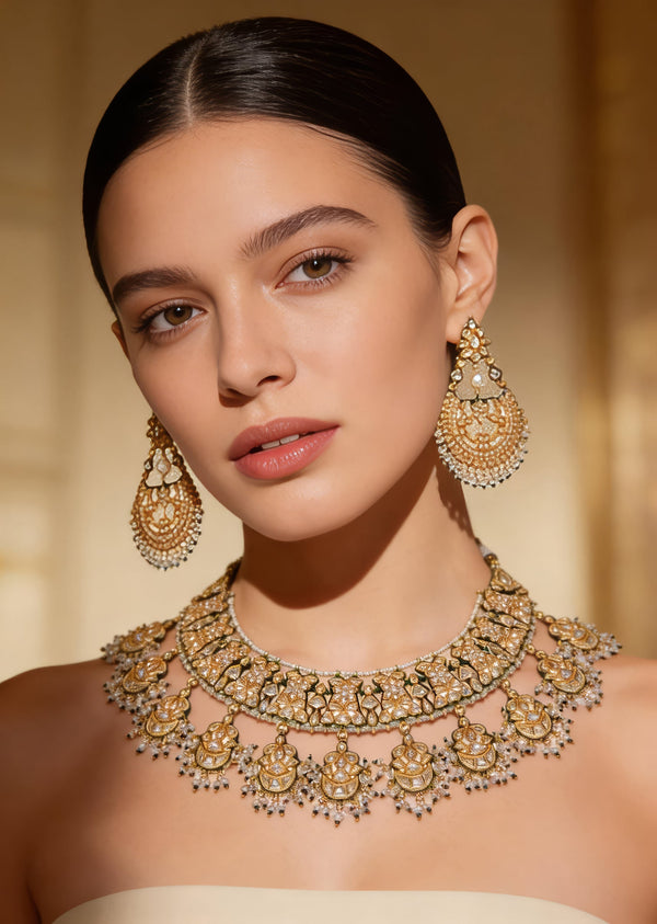 Gold Plated Kundan Polki Necklace And Earrings Set