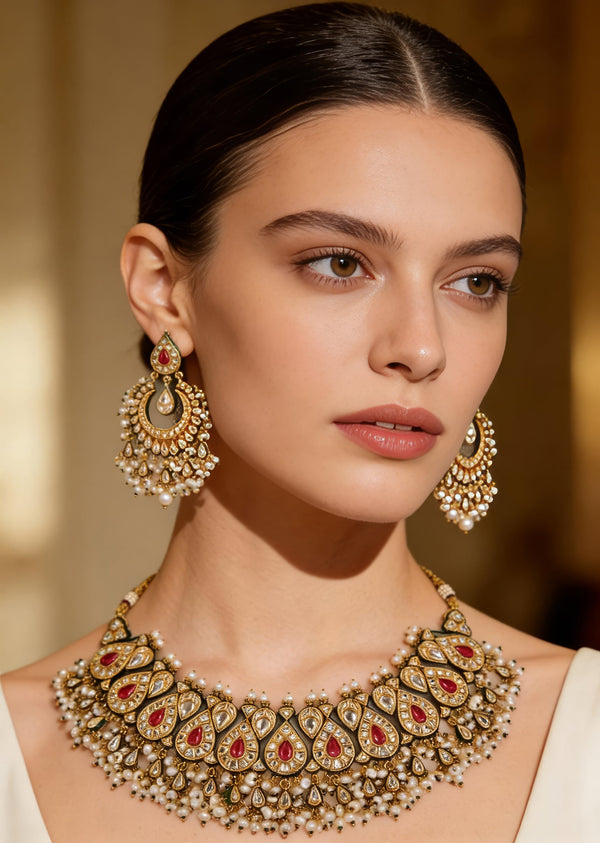 Gold Plated Pink Teardrop Choker Necklace Set With Earrings