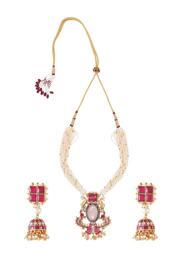 Gold Plated Red Long Necklace Set With Earrings