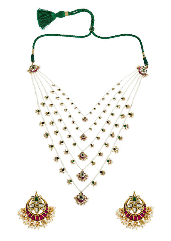 Gold Plated White Kundan Polki Long Necklace Set With Earrings