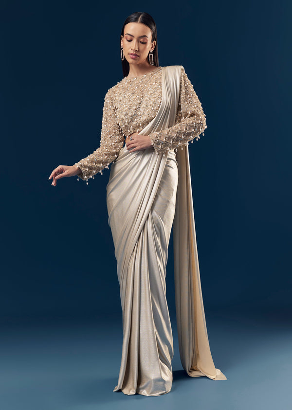Gold Ready Pleated Saree With Full Sleeve Pearl Detailed Blouse