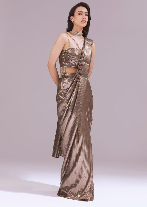 Gold Ready Pleated Saree With Sequins Dory Work And Cowl Neck