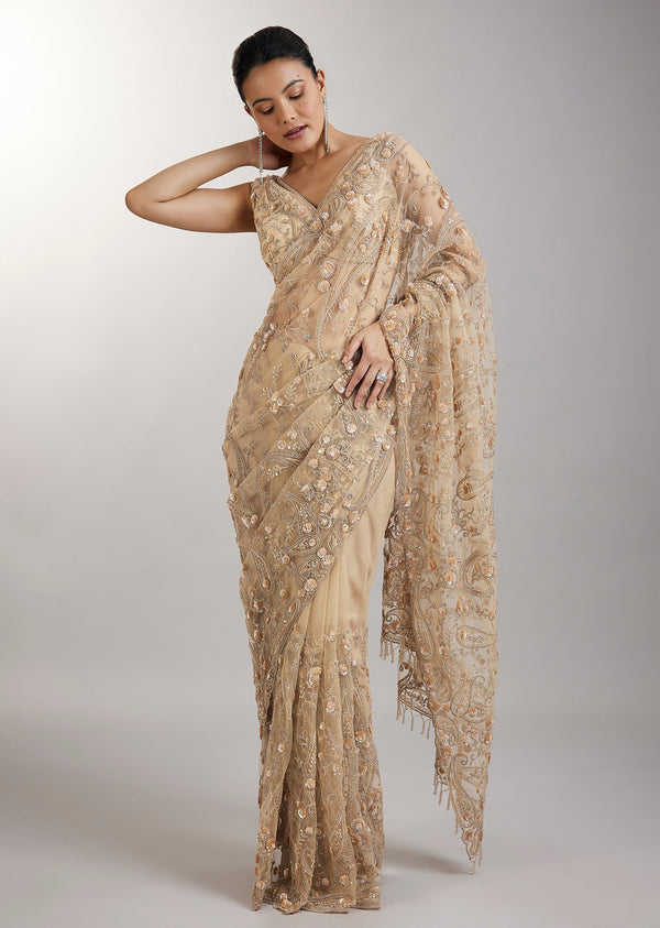 Gold Sequin Embellished Net Saree