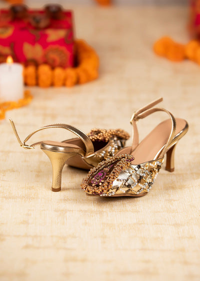 Gold Sequin Embellished Pointed Toe Heels