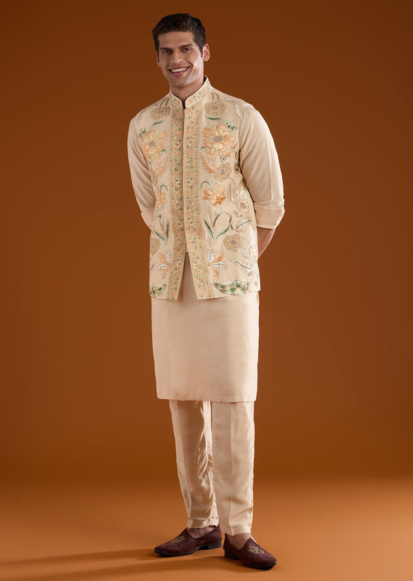 Gold Silk Jacket Kurta Set with Resham Work