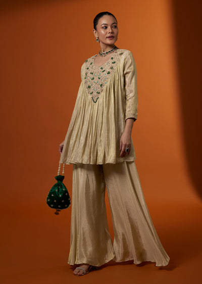 Gold Tissue Kurta Palazzo Set With Zardosi Embroidery