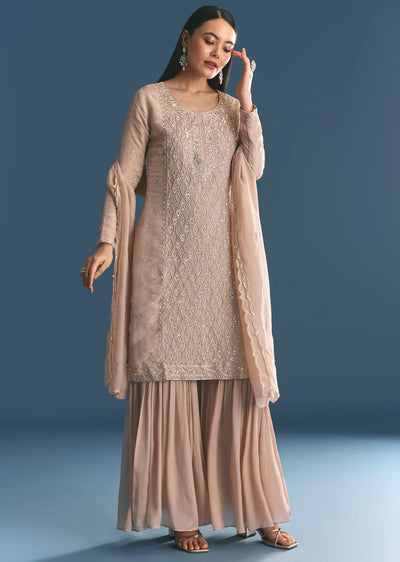 Gold Tissue Kurta Sharara Set With Beads And Sequins Work