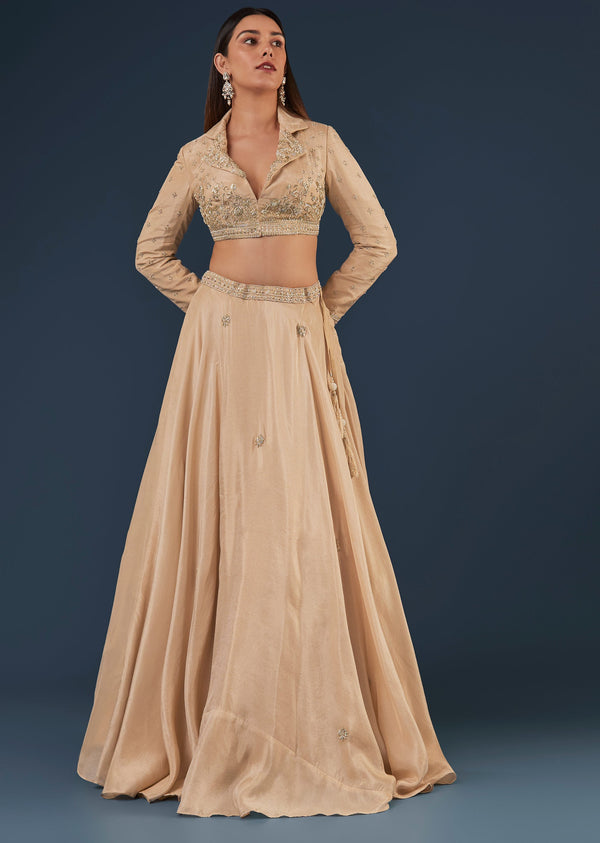 Gold Tissue Lehenga Set With Full Sleeve Embellished Blouse Jacket