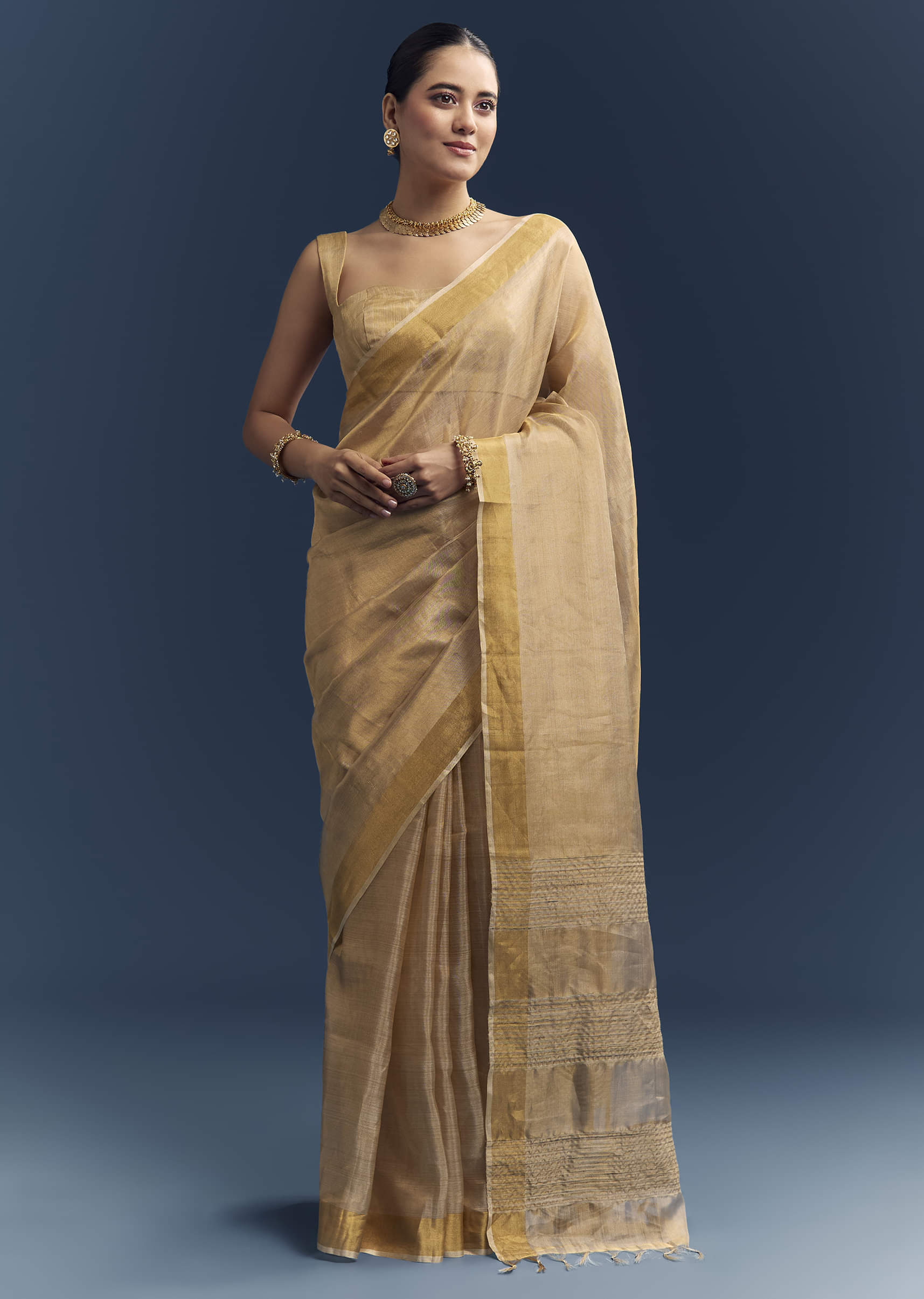 Gold Tissue Organza Woven Saree With Golden Zari Work
