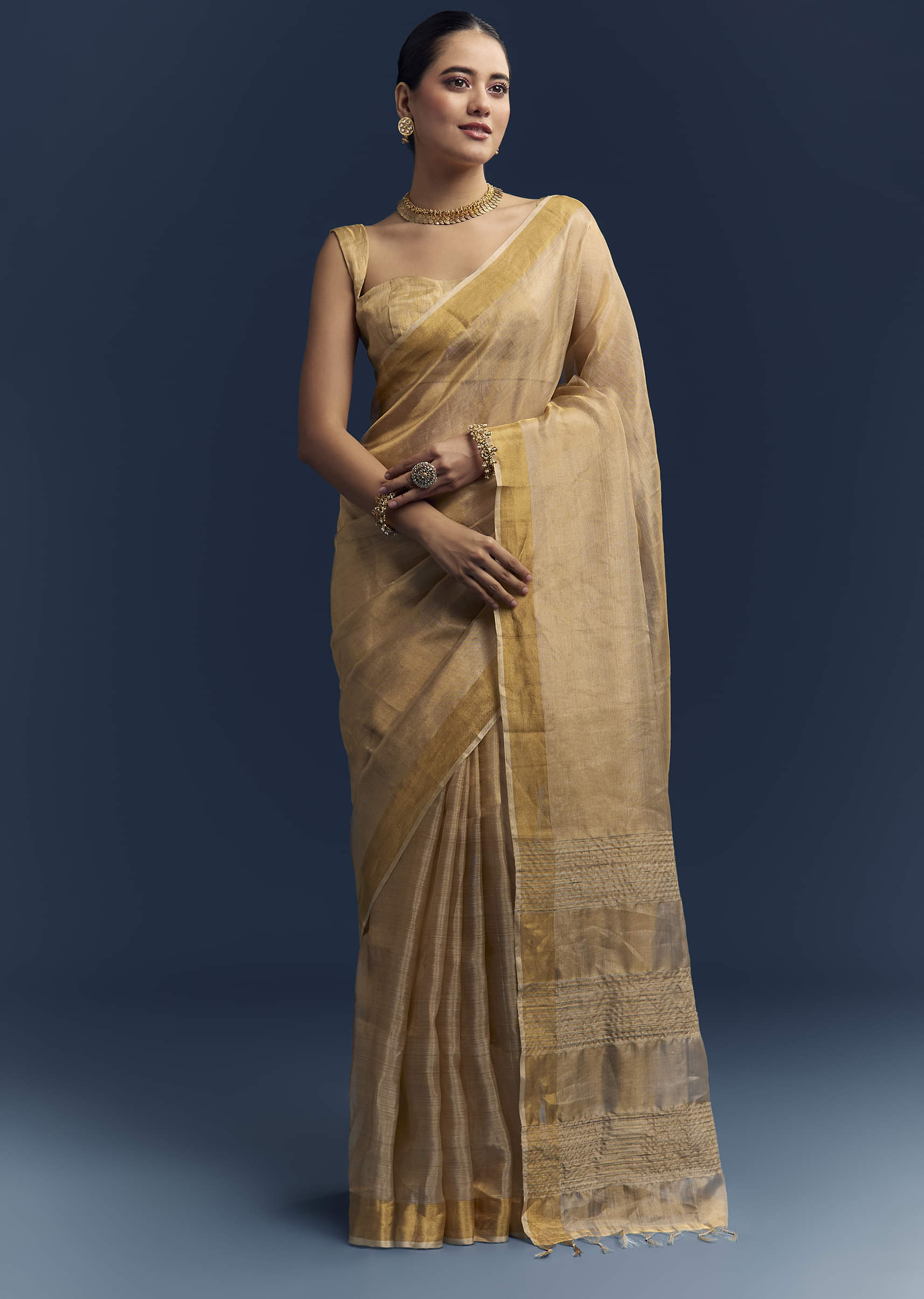 Gold Tissue Organza Woven Saree With Golden Zari Work