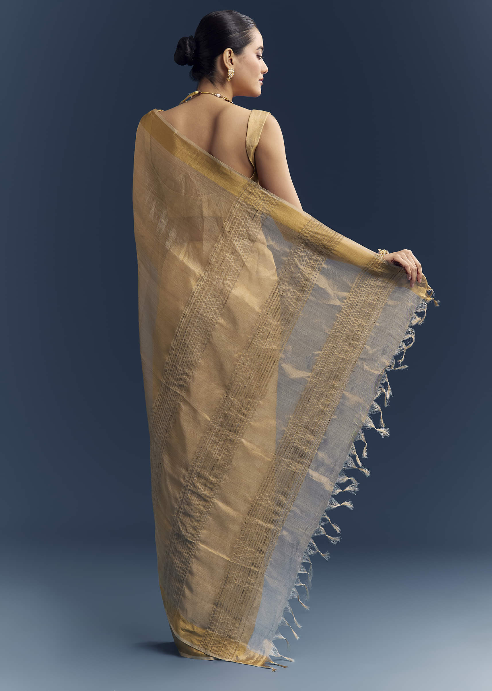 Gold Tissue Organza Woven Saree With Golden Zari Work