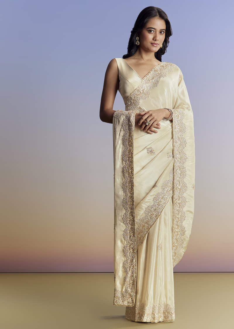 Gold Tissue Saree With Gota Patti Moti And Scallop Cutdana Border