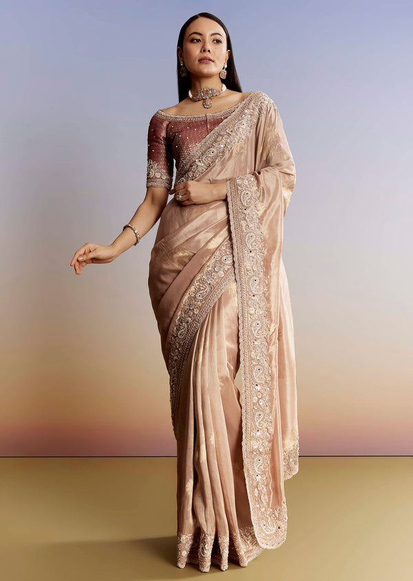 Gold Tissue Saree With Heavy Embroidered Border And Blouse