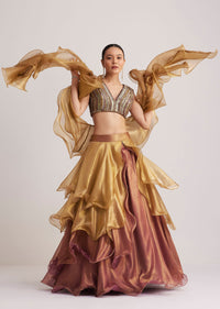 Gold And Mauve Organza Embellished Lehenga Set