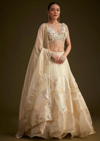 Gold and White Net Embroidered Lehenga Set With Organza Dupatta