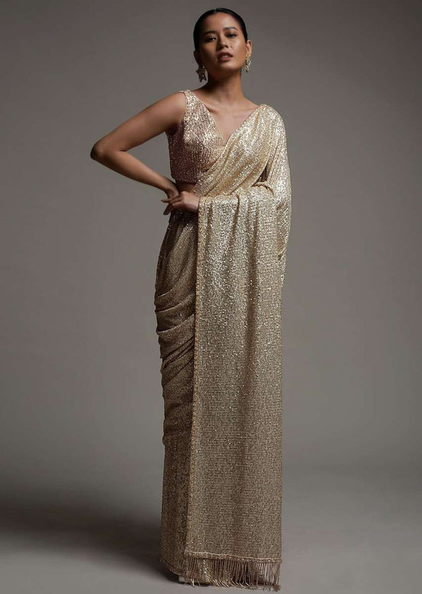 Gold Beige Saree Embellished In Sequins With Fringes On The Pallu And Unstitched Blouse