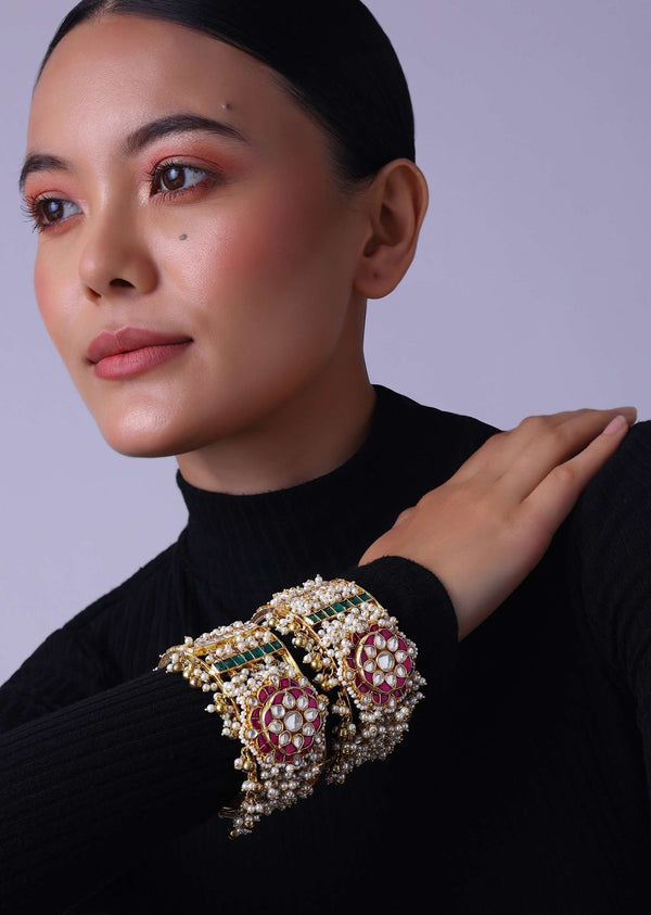 Gold Finish Bangles Adorned With Pearls And Meenakari Work (Set of 2)