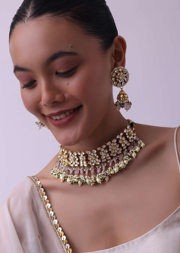 Gold Finish Choker With Pearls And Green Beads