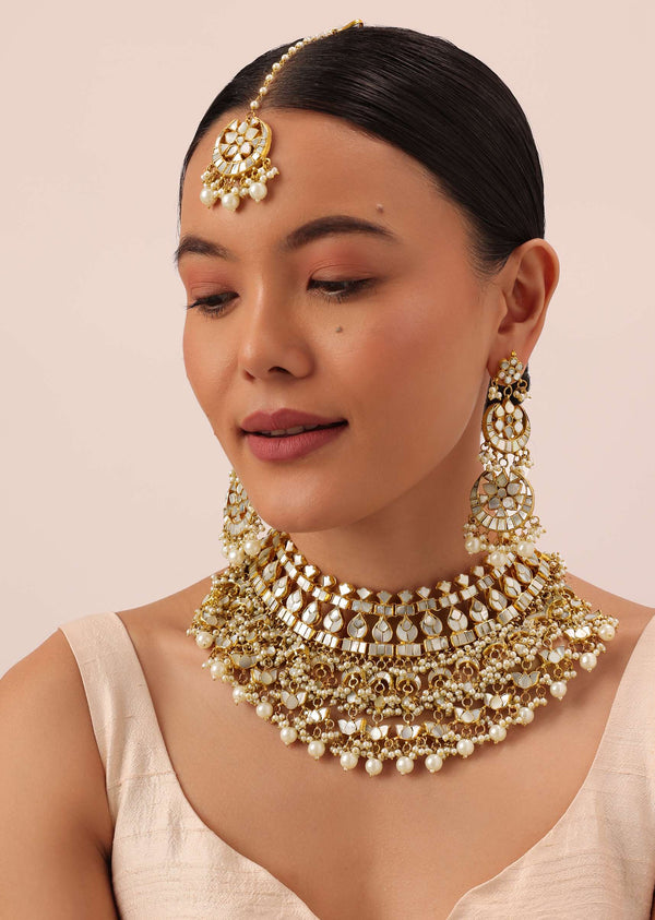 Gold Finish Kundan Polki Bridal Choker Set With Pearls