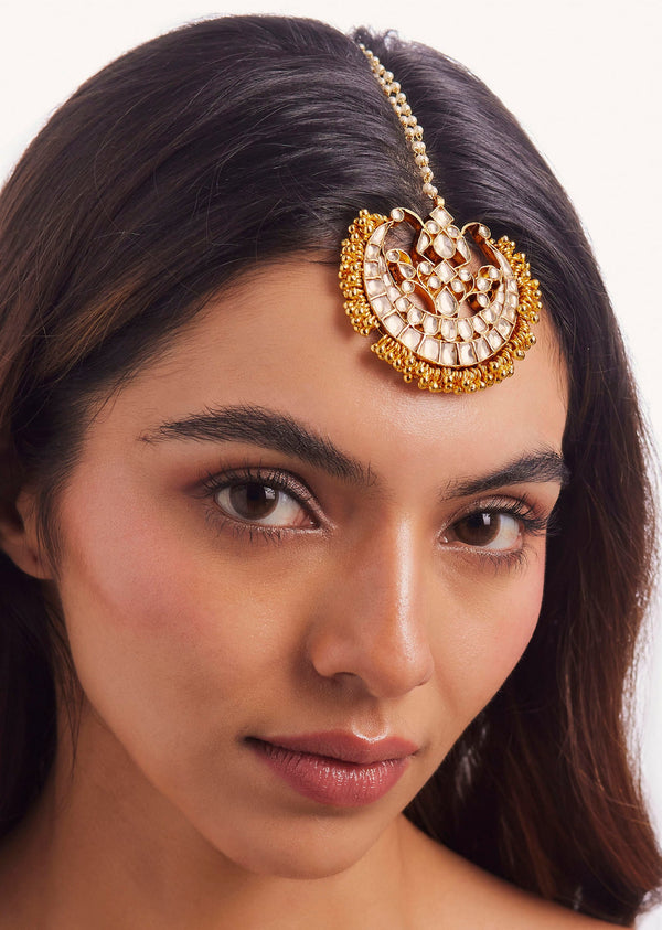 Gold Finish Kundan Polki And Pearl Enameled Maang Tikka